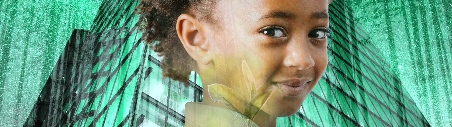 A young girl and leaf with city and trees background