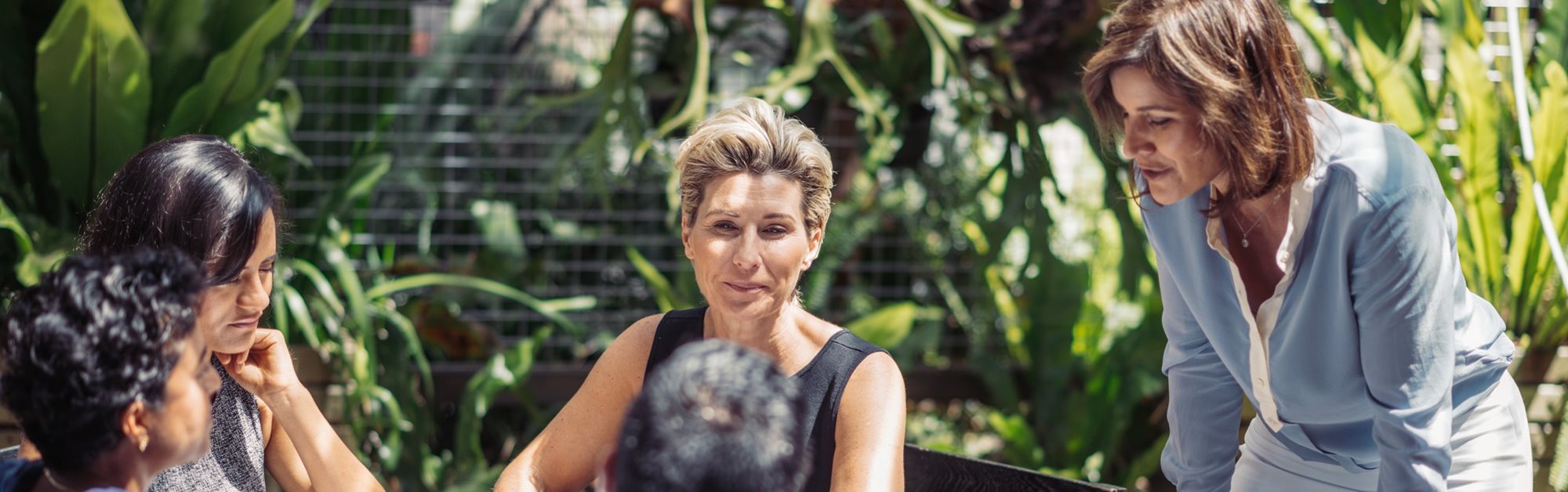  A group of people having a chat surrounded by plants