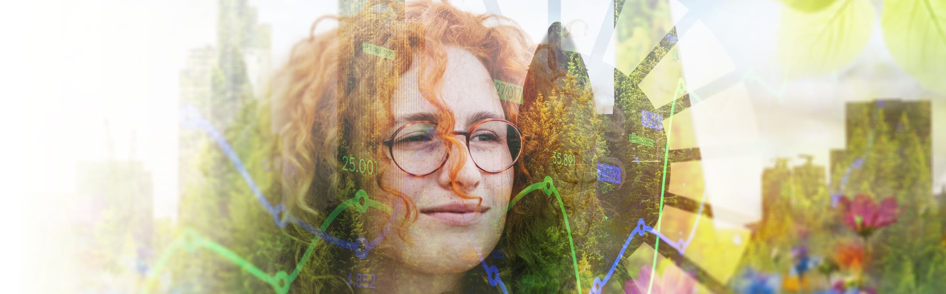 A woman and symbols superimposed over a leafy green background