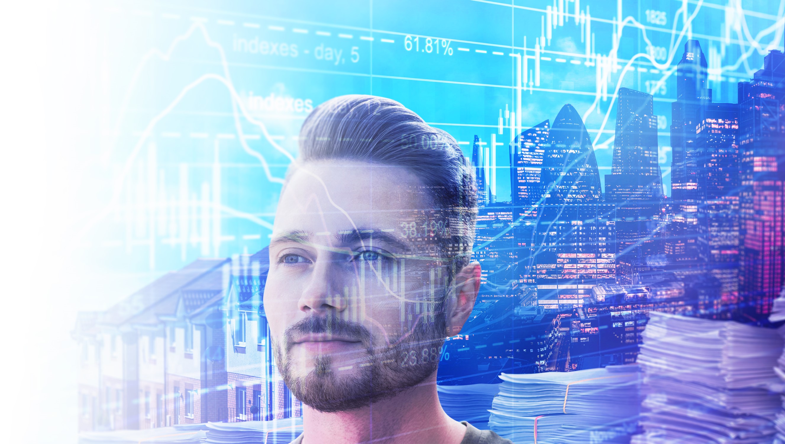 Man superimposed over a cityscape