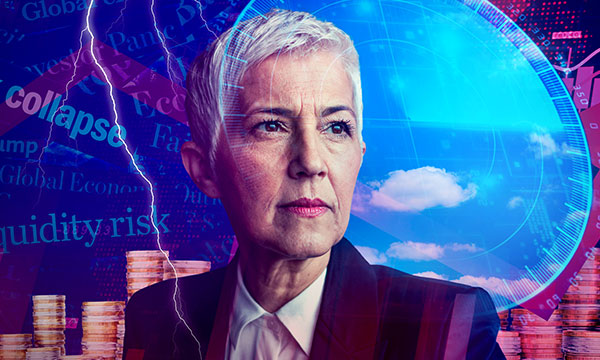 Woman on a background of coins, graphs, thunder and finance vocabulary