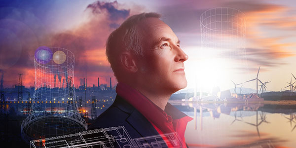 Picture showing coal plants on the left and wind farms on the right with a man looking ahead