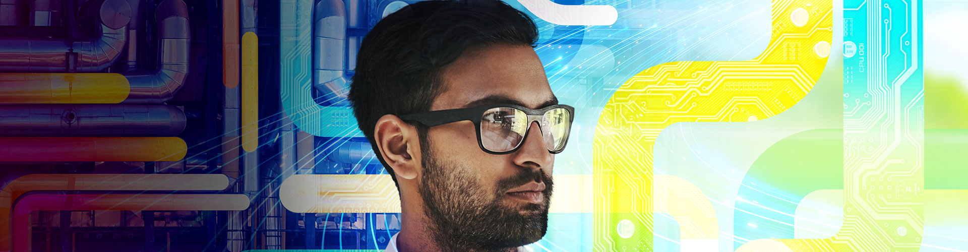 A man's face superimposed on a background with pipes and electronic circuits