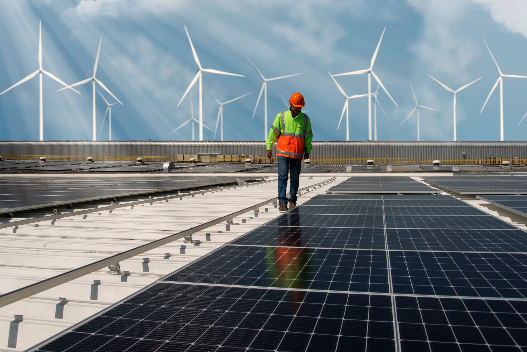 Worker inspecting solar panel