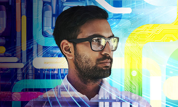 A man's face superimposed on a background with pipes and electronic circuits