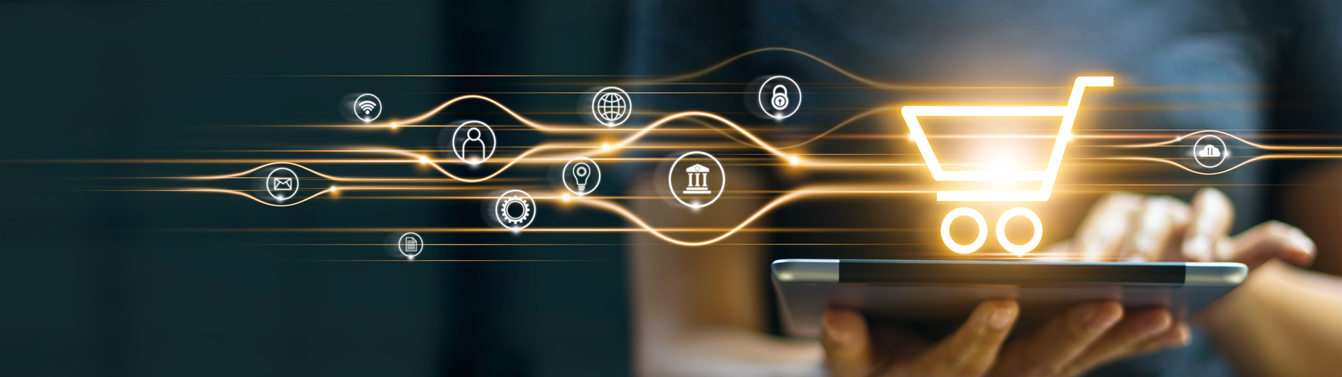 Digital icons superimposed over the image of a woman holding a tablet