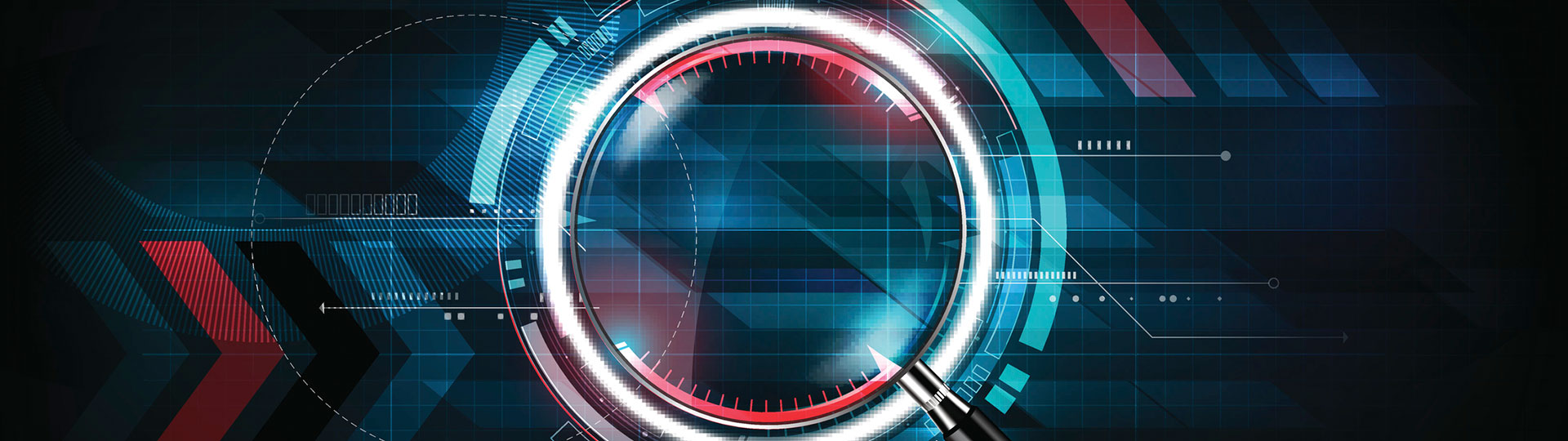 A close-up of a camera lens surrounded by colourful graphics