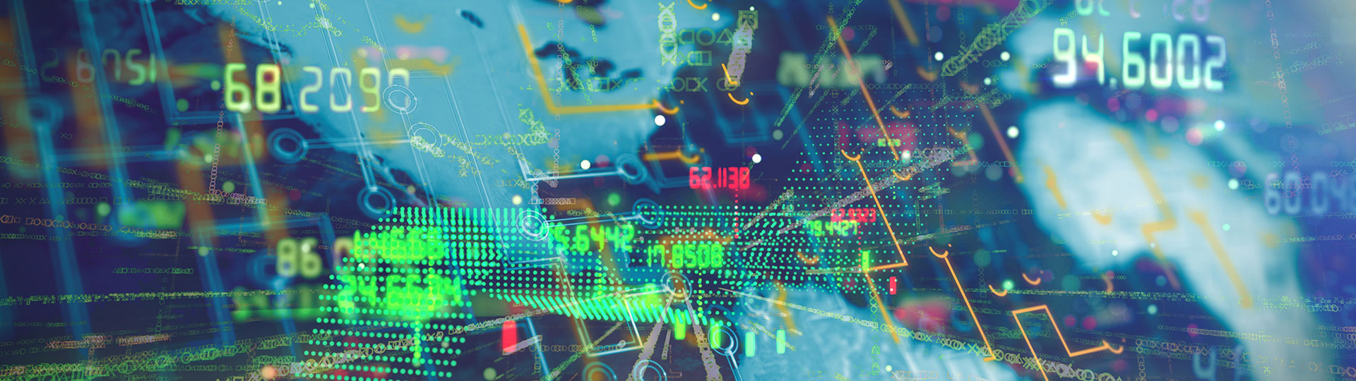 Digits and computer graphics superimposed over a map of the world
