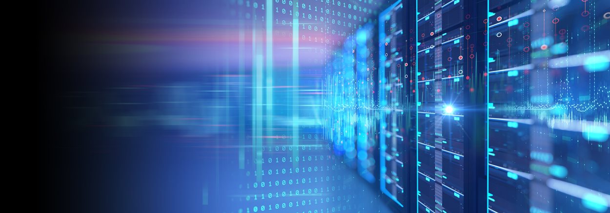 Blue lights, graphics and digits superimposed over a data-centre