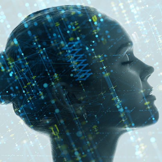 Side profile of a woman's head with digital graphics overlay