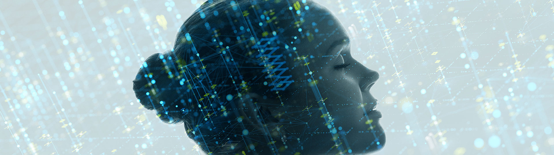 Side profile of a woman's head with digital graphics overlay