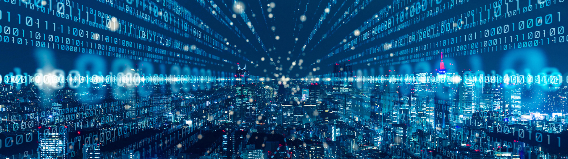 A cityscape at night with digital numerals overlay