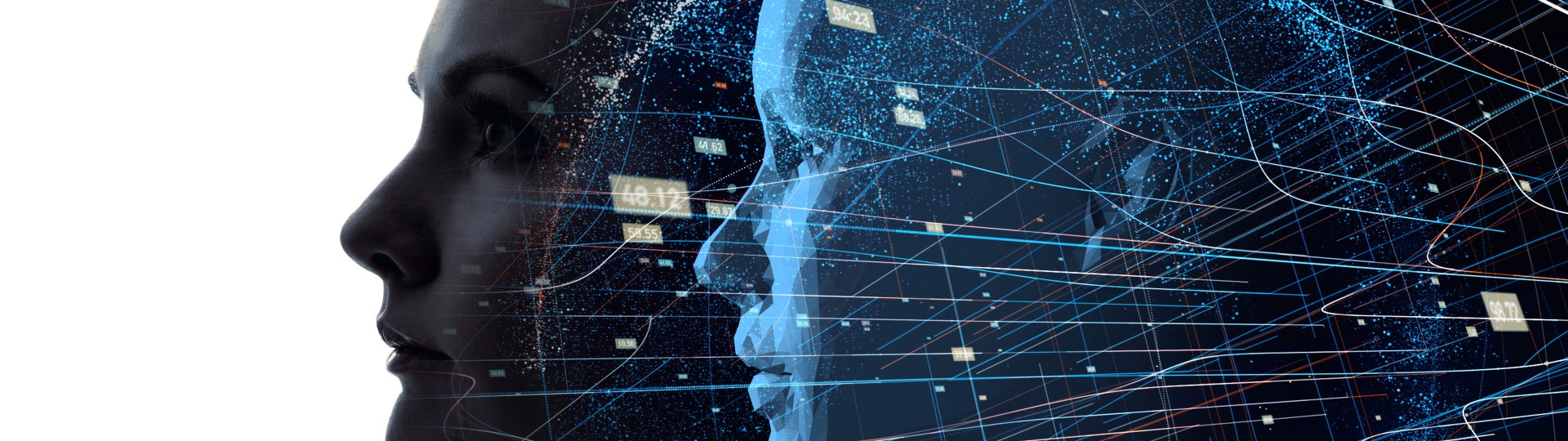 Profile of a woman's head with a digital image of a woman's head