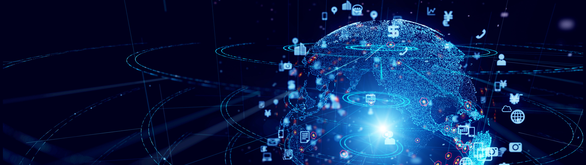 A globe surrounded by symbols