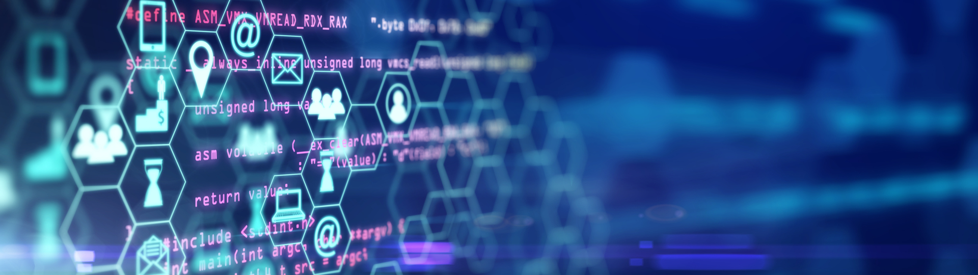 Computer code and digital icons on a screen