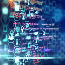 Computer code and digital icons on a screen