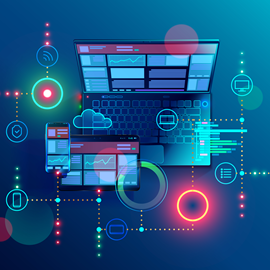Digital artwork showing a laptop, a phone, a tablet and various icons