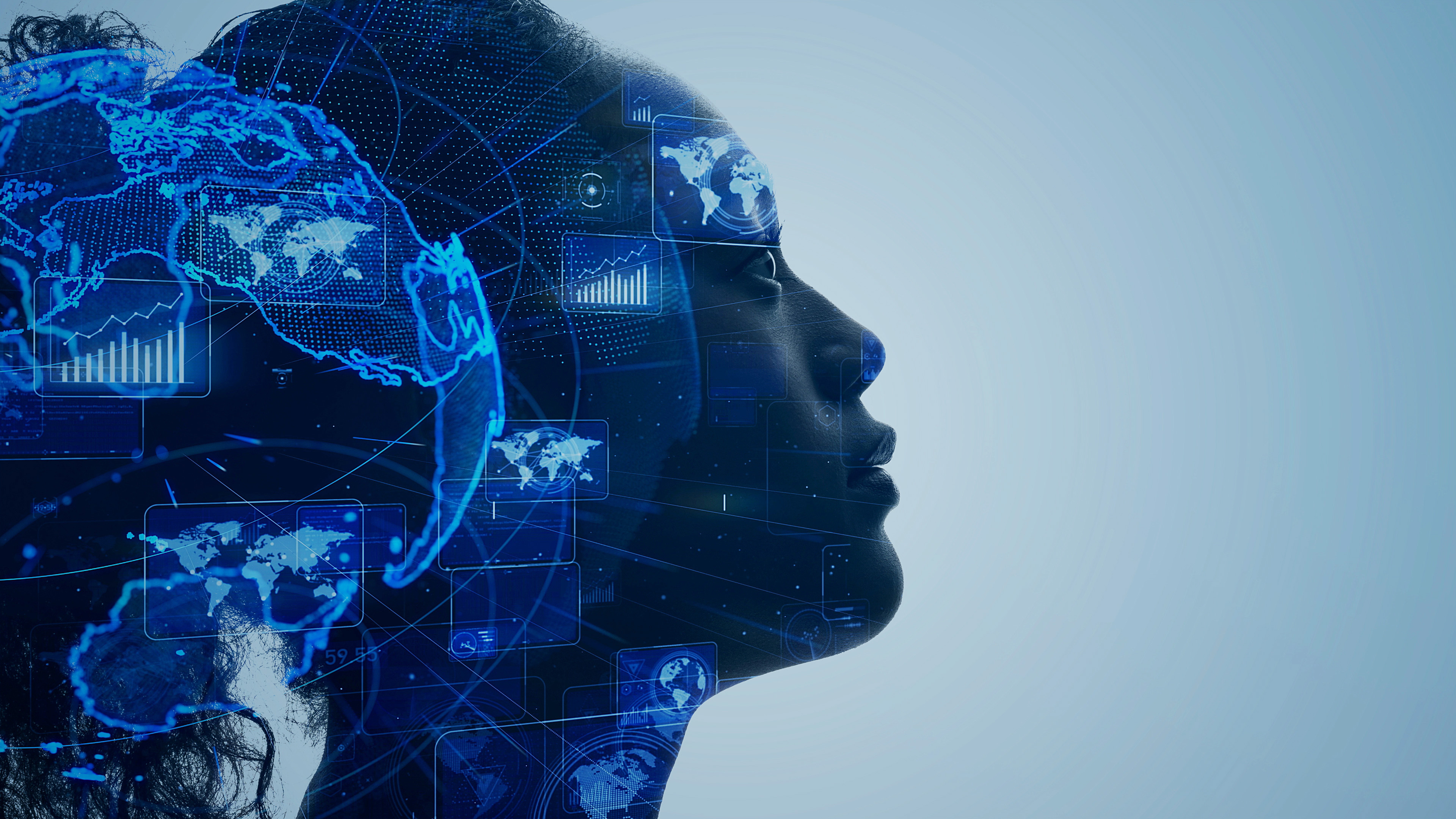 Female face looking right with digital overlay