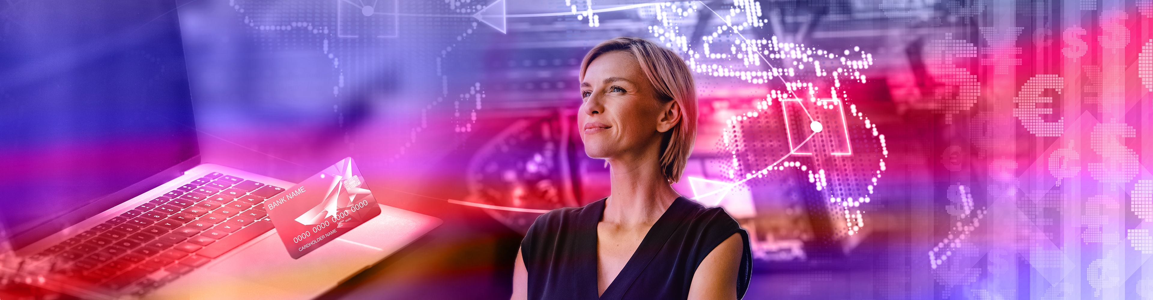 Abstract banner of woman, laptop, credit card, and global currency symbols in blue and purple
