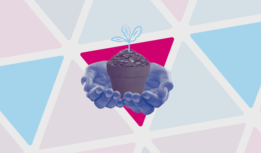 Hands holding a pot of flowers filled with coins