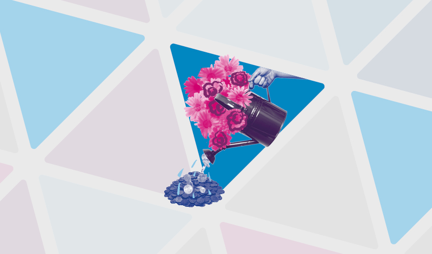 Hand holding a watering can watering a pile of coins