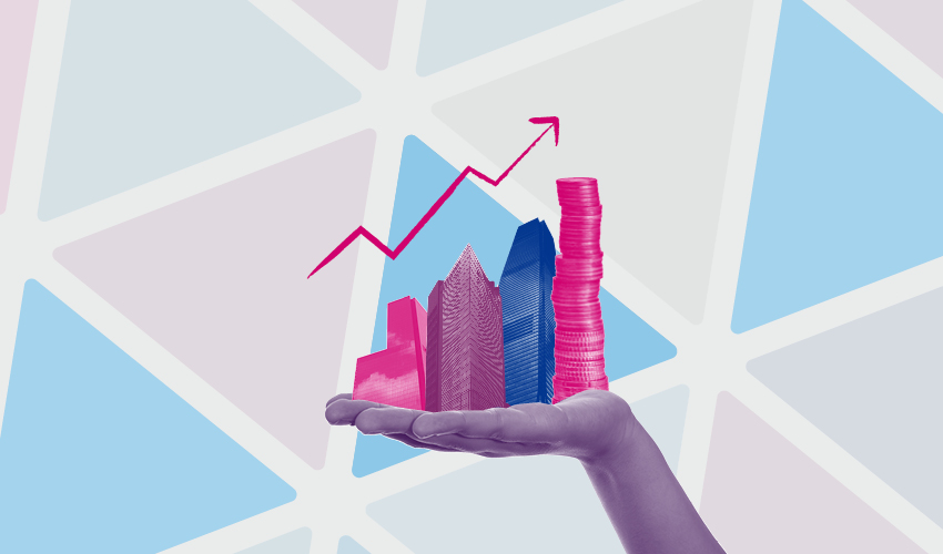 Hand holding skyscrapers and a pile of coins