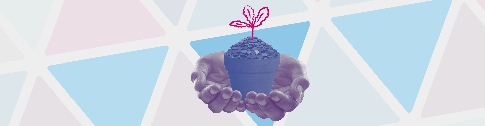 Hands holding a flower pot containing coins