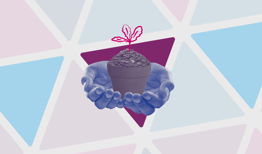 Hands holding a pot of flowers filled with coins