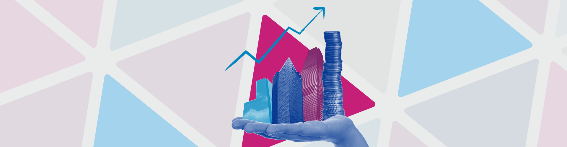 Hand holding skyscrapers and a pile of coins