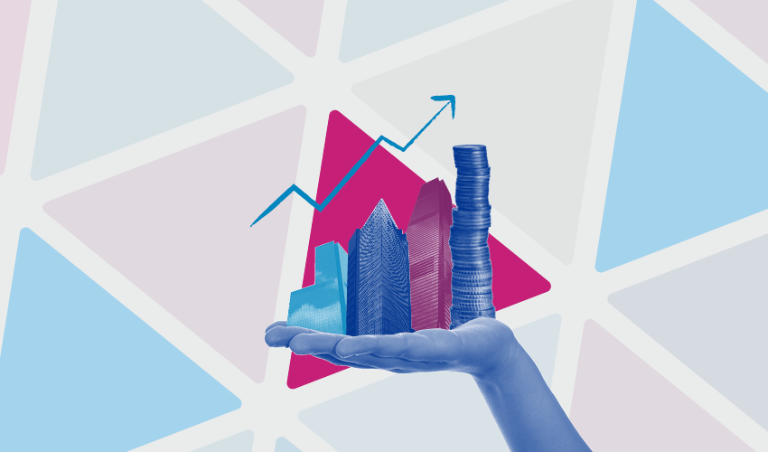 Hand holding skyscrapers and a pile of coins