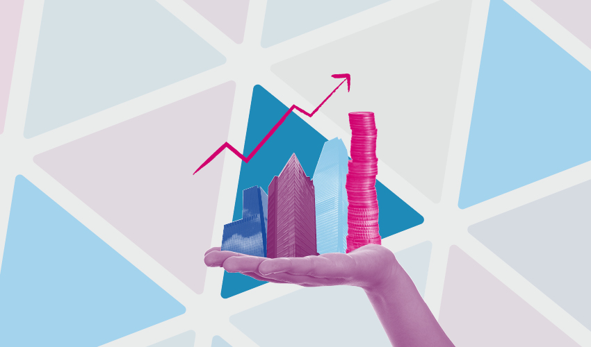 Artwork showing a hand holding skyscrapers and a pile of coins