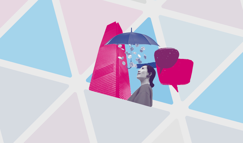 Woman looking at a skyscraper and an umbrella with raining coins