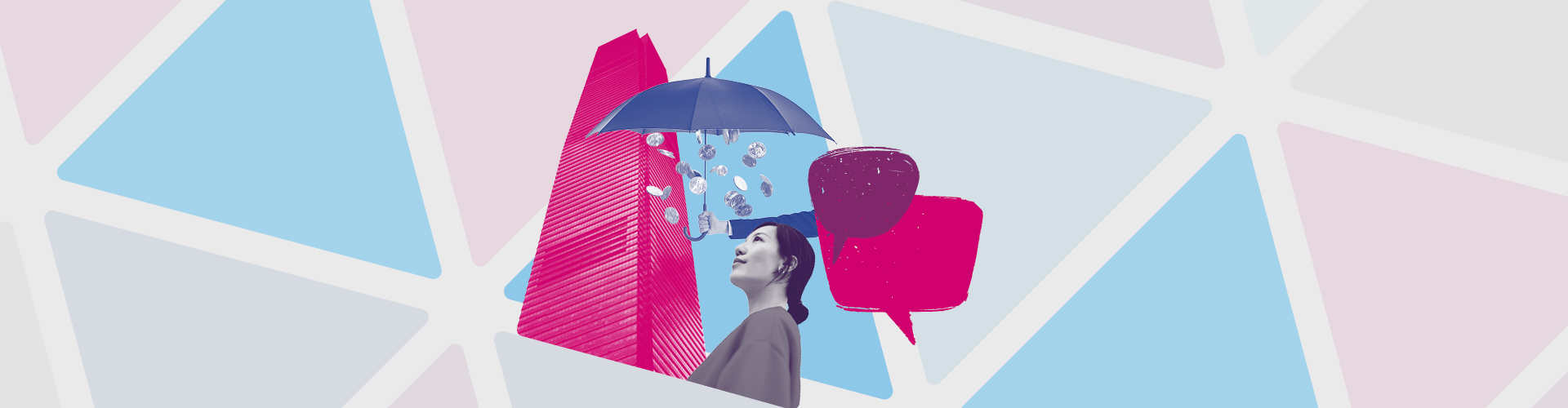 Illustration showing a woman, skyscraper, umbrella with falling coins and speech bubbles