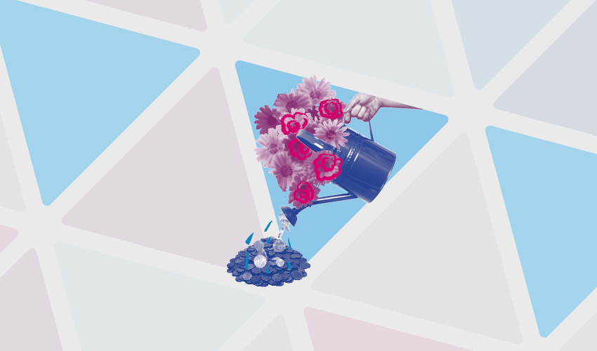 Artwork depicting a watering can with flowers and a pile of coins