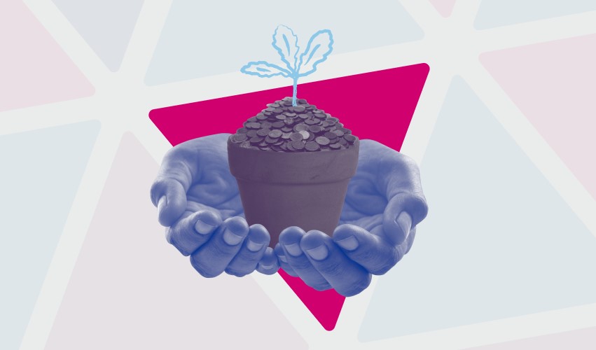 Cupped hands holding a plat pot with seedling in pile of coins