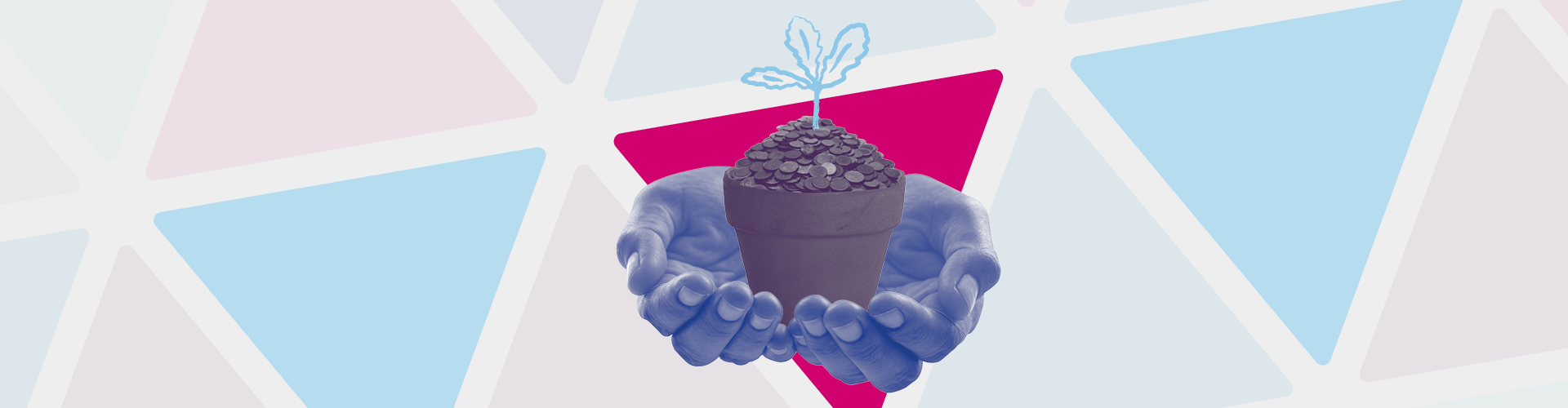 Cupped hands holding a plat pot with seedling in pile of coins