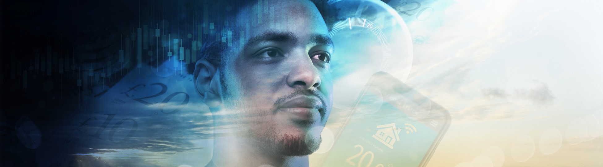 A man's face with financial overlay