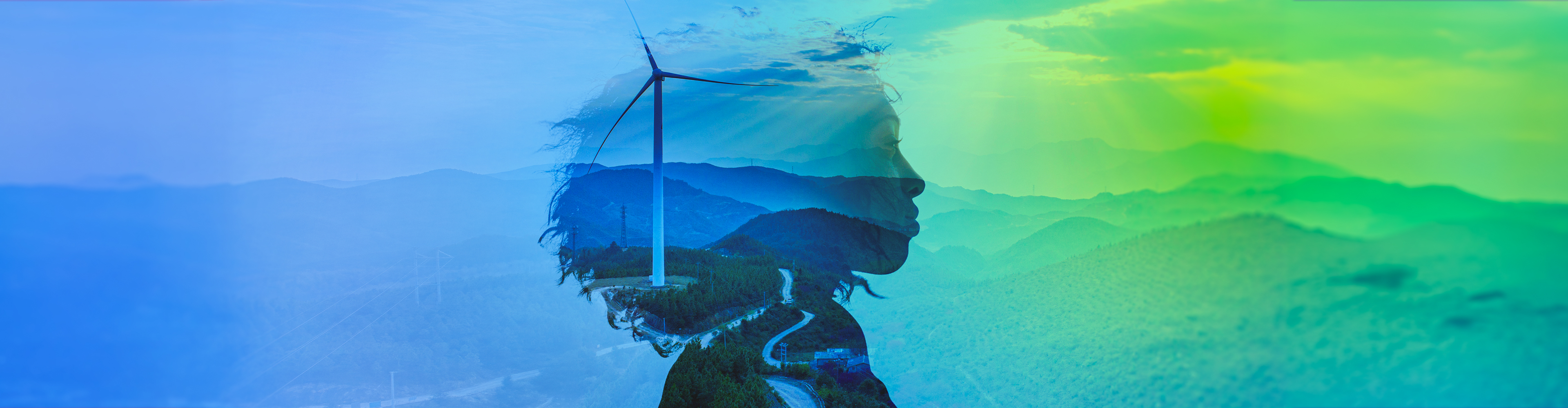 Woman's head overlaid with wind farm landscape