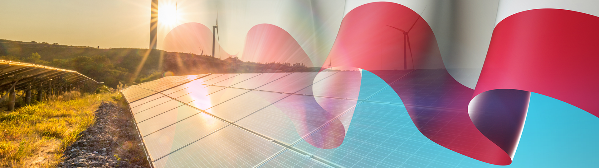 Solar panels and wind turbines with a graphics overlay