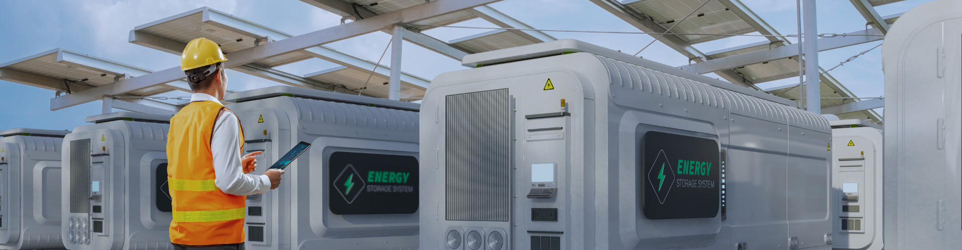 Worker inspecting an energy storage facility