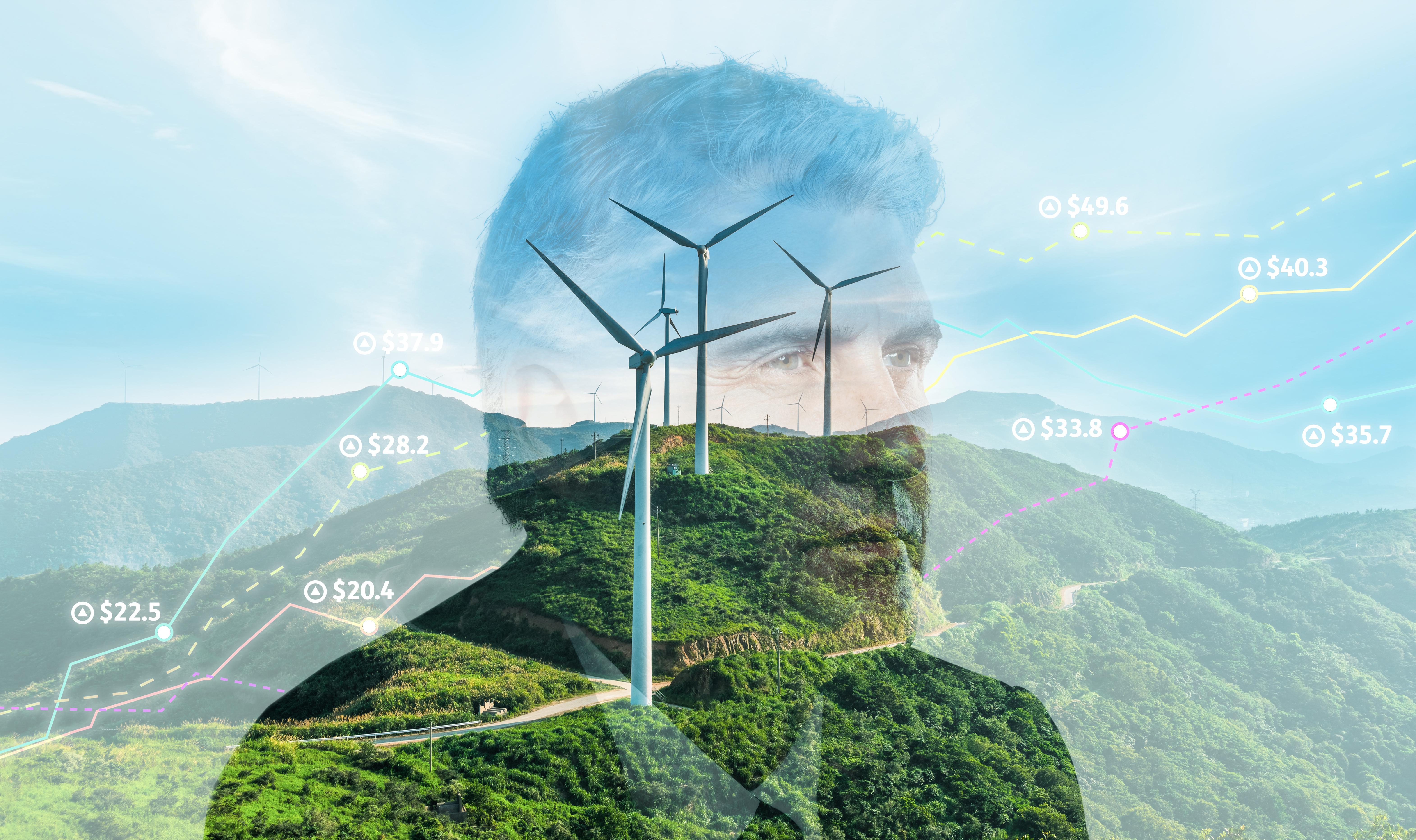 A man's head and index prices superimposed over a green hillside with a wind turbine