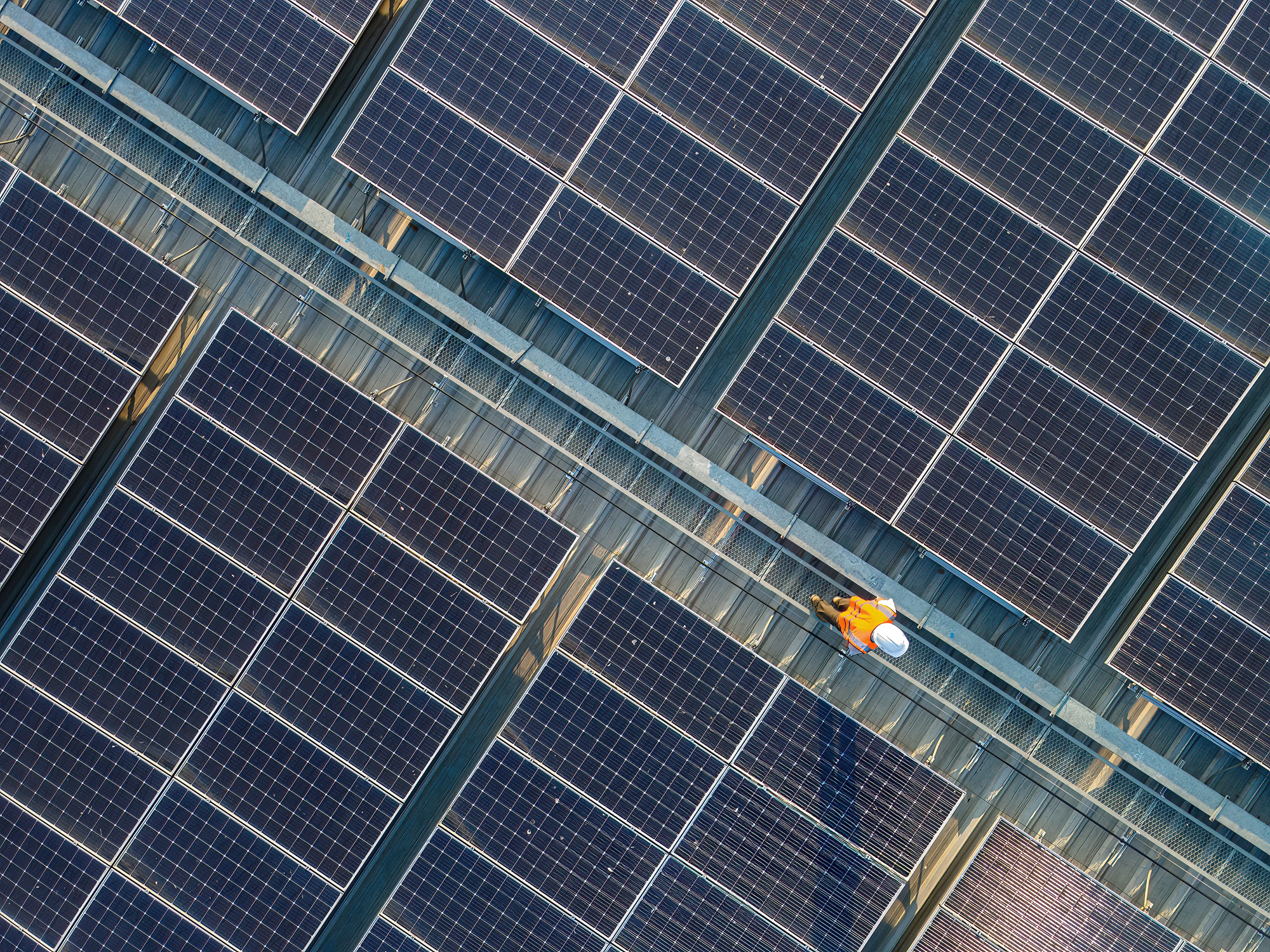 Worker in a solar farm