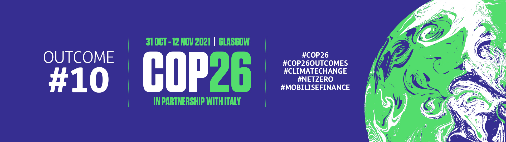 Cop Twenty-Six banner with dates, social media hashtags and outcome hashtag ten slogan