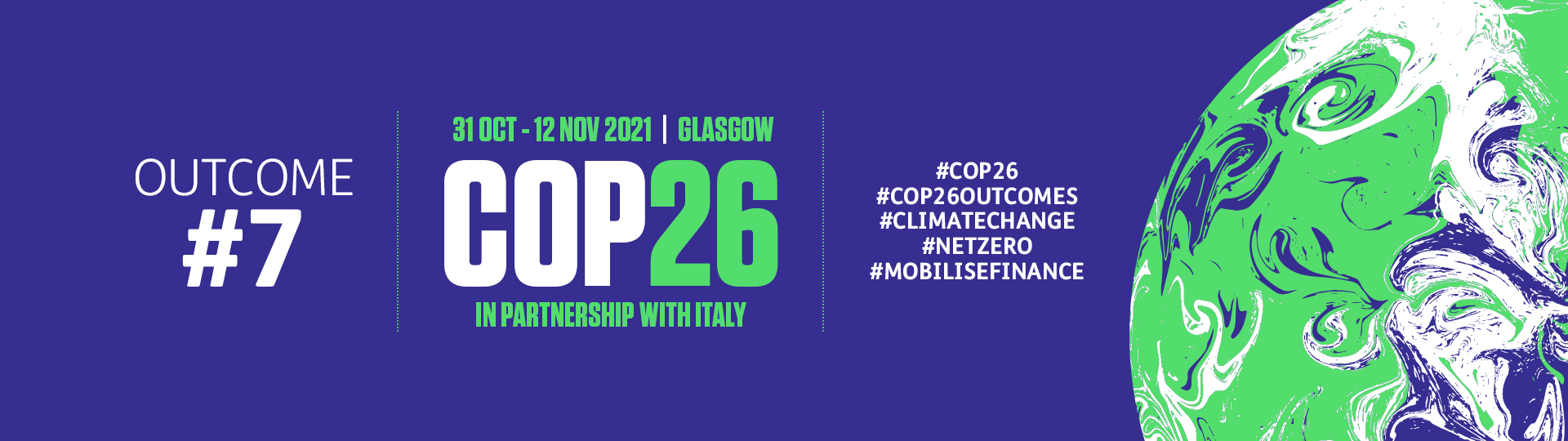 Cop Twenty-Six banner with dates, social media hashtags and outcome hashtag seven slogan