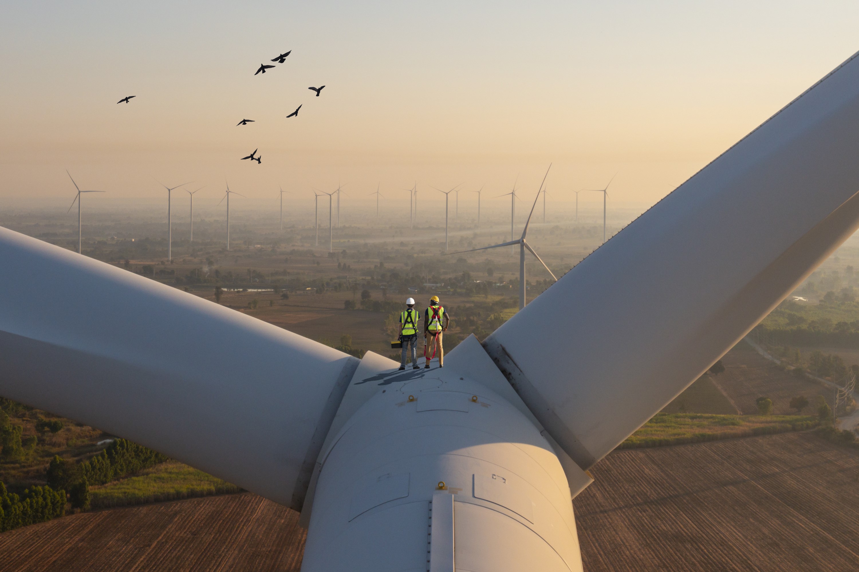 Workers standing on a wind turbine