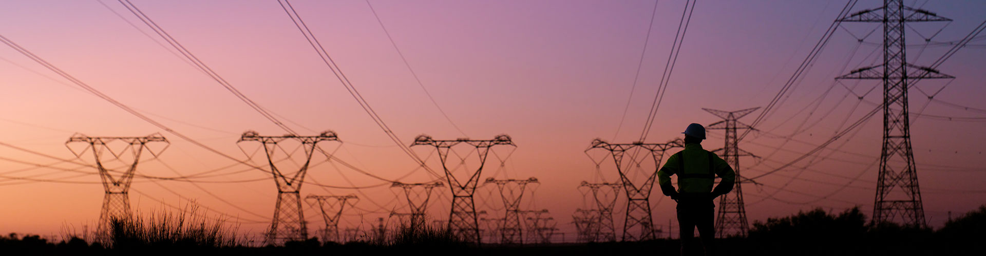 Engineer looking at power lines at dusk