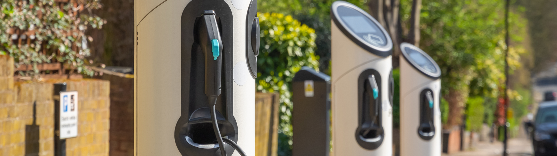 A row of EV charging points in a leafy street