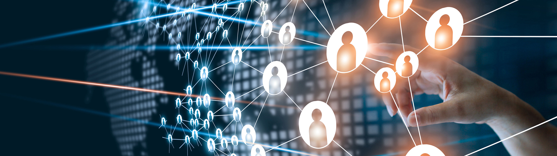 Multiple connected people icons over a digital image of the Earth