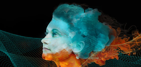 Side profile of a woman's head on a dark background with various graphics and colours superimposed over it.