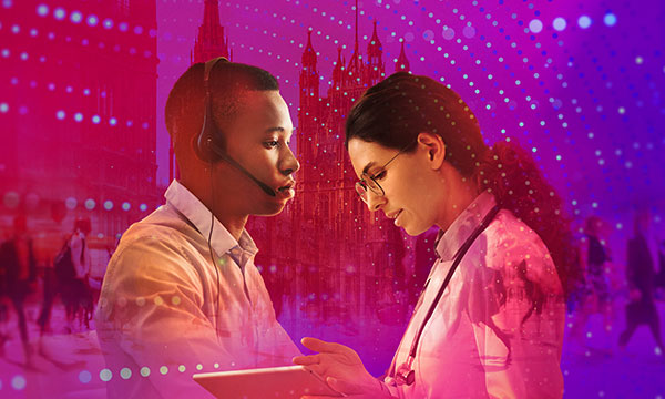 Artwork showing two civil servants with the Palace of Westminster in the background